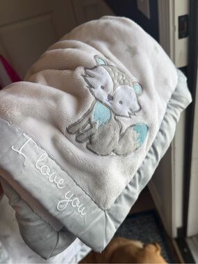 Wendy Bellissimo Gray stars blue Baby Blanket with Fox Embroidery - I Love You